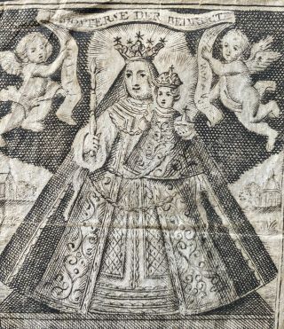 Engraving Antique 18th century HOLY CARD St Mary Our lady Jesus angels 2