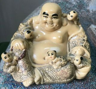 Fat Smiling Buddha Hotei Seated Figure With Five Children