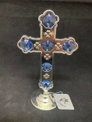 Swarovski Sapphire Crystal Element Studded Holy Cross Display Silver Plated