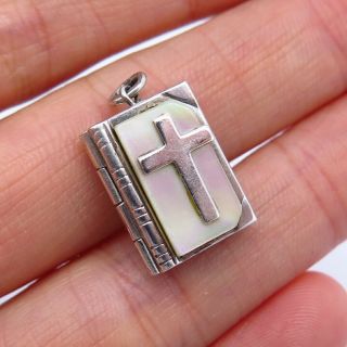 Antique Victorian 925 Sterling Silver Mother - Of - Pearl Cross Bible Book Pendant