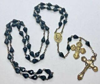 † Priest Antique Black Glass Beads Rosary - Brass Assembly †