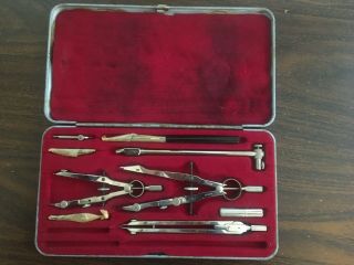 Vintage Gramercy Drafting Compass Set Germany In Metal Case 9 Tools