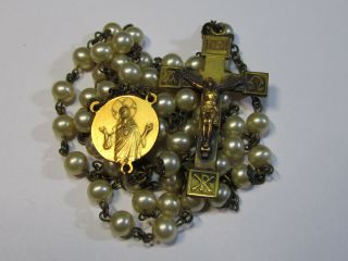 † Vintage Gold Wash " Scapular " Devotional & Pearl Like Rosary Necklace 27 1/2 " †