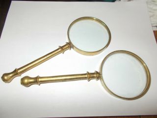2 Vintage Brass Magnifying Glasses 3 " Round 7 1/2 " Long