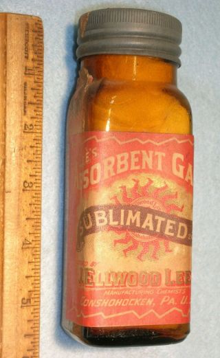 Antique J Ellwood Lee Co Amber Jar Sublimated Gauze Full Conshohocken Pa