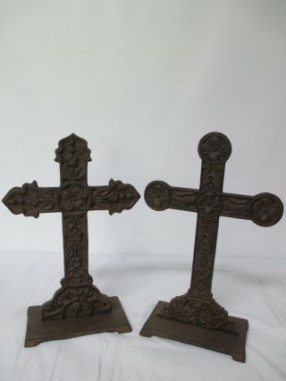 2 Vintage Rustic Cast Iron Cross Crucifix Gothic Standing 13” Tall