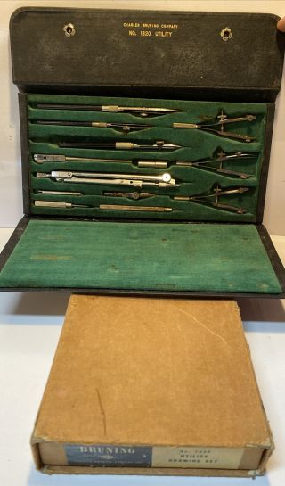 Vintage Charles Bruning No.  1320 Utility Drawing Set Drafting Tools Box