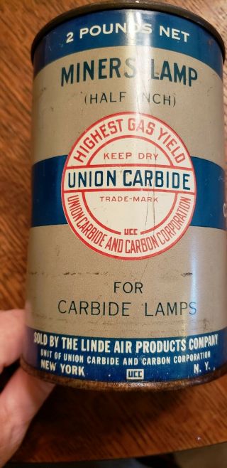 Union Carbide 2 Pound Can,  Miners Lamp,  Half Inch Vintage Tin Can (half Full)