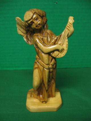 Bethlehem Holy Land Hand Carved Olive Wood Angel Figure Playing A Mandolin