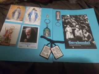 Garabandal Items: Medal W/kissed Relic.  Booklet.  Brown Scap.  Holy Cards.  Key Chains