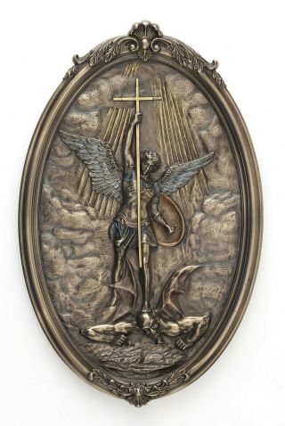 Saint Michael Tramples Demon Holding Crucifix Oval Wall Plaque Home Decor