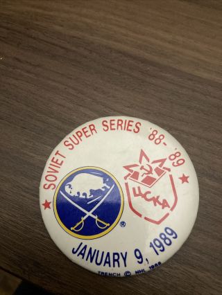 Rare Vintage 3”pinback Button Buffalo Sabres Vs Soviet Ucka Team 1 - 9 - 1989