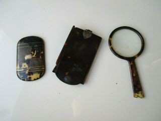 Three Antique Faux Tortoise Shell Items For Spares/repair Inc Magnifying Glass