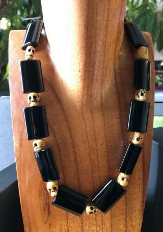Tibetan Buddhist Yak Bone Skull Prayer Beads & Protective Black Onyx Necklace