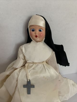 Vintage Nun Doll White Habit With Black Headpiece Hand Painted Face Sleepy Eyes