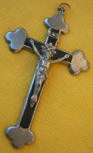 1900/10s Nickel Plated Bronze & Ebony Cross Of Priest Trilobe Endings Crucifix