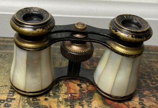 Antique French Marchand Paris Mother Of Pearl Opera Glasses Binoculars W/case