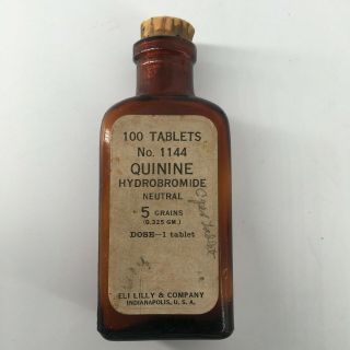 Antique Eli Lilly Quinine Hydrobromide Tablets Amber Pharmacy Bottle Corked Top