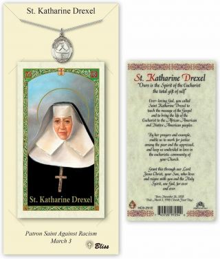 Pewter Saint Katharine Drexel Medal With Laminated Holy Prayer Card,  18 Inch