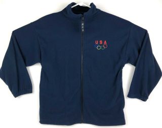 Usa Olympics Fleece Zip Up Jacket Blue Mens Medium Rings Logo Embroidered