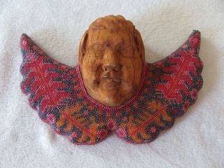 Vtg Angel Cherub Carved Wooden Face Beaded Wings Wall Hanging 9 " By 5 1/2 "