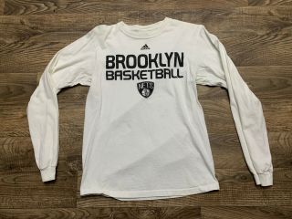 Adidas Brooklyn Nets Basketball Men’s Medium White Black Long Sleeve T - Shirt