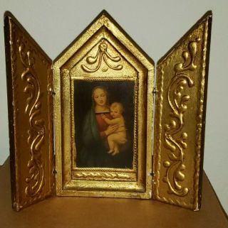 19th C Florence Italy Gold Gilt Wood Icon Tri - Fold Altar Mary & Baby Jesus