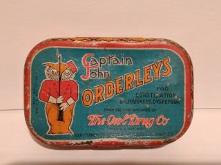 Vintage Pill Box Captain John Orderleys Tin The Owl Drug Co Store
