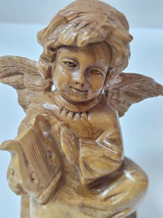 Holy Land Bethlehem Hand Carved Olive Wood Angel Playing Harp