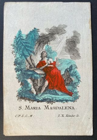 Engraving Antique 18th Century Holy Card St Mary Magdalena Sign Klauber