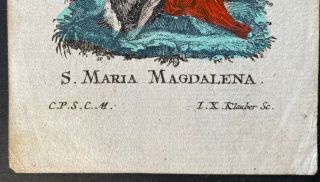 Engraving Antique 18th century HOLY CARD St Mary Magdalena Sign Klauber 3