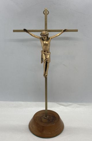 Vintage Brass And Wood Base Jesus Christ Cross Crucifix Catholic Statue 10.  5”