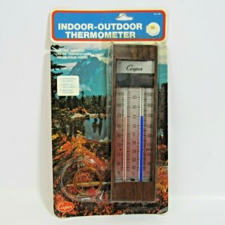 Vintage Cooper Indoor Outdoor Thermometer Old Stock 2.  5 " X 9 " Wood Grain 70s