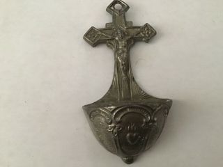 Antique Holy Water Font Crucifix Cast Metal Jesus Sacred Heart 1900s Wall Hang