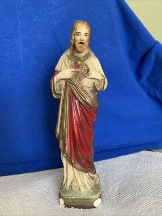 Vtg Catholic Sacred Heart Of Jesus Chalkware Statue Figurine Religious 7 - 1/2”