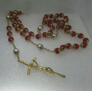 Vintage Gold Plated Red Glass Pearl Large Rosary Necklace Italy