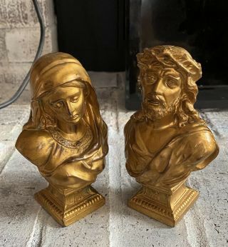 Vintage Virgin Mary And Jesus Bust Heavy Figurines Usa