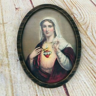 Vtg Mother Mary With Cross And Sacred Heart Of Jesus Picture Oval 7.  5 " X 5.  5 "