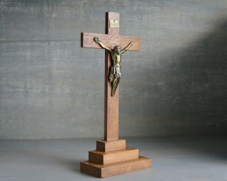 Vintage Crucifix,  Standing.  Wood,  Brass.  Wooden Cross.  Jesus Christ.  Altar.