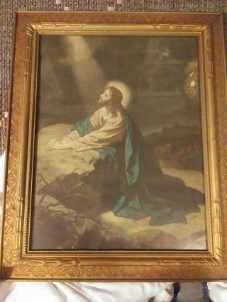 Large Vintage Jesus Picture Mount Of Olives.  With Glass And Wood Frame 22 " ×17 "