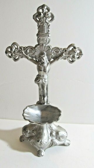 Antique Vintage Art Nouveau Metal Jesus Crucifix & Holy Water Font Statue Figure