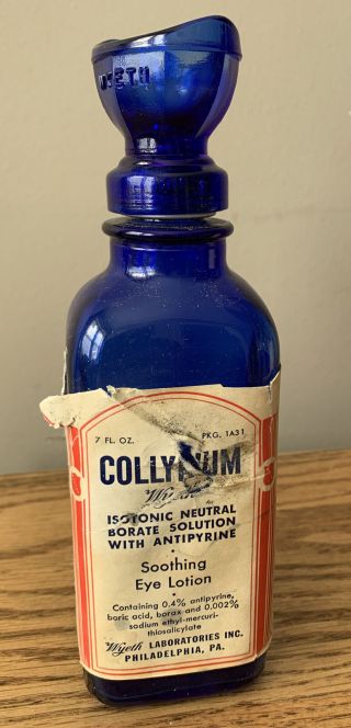 Vintage Wyeth Collyrium Eye Wash Cobalt Blue Glass Bottle & Eye Wash Cup