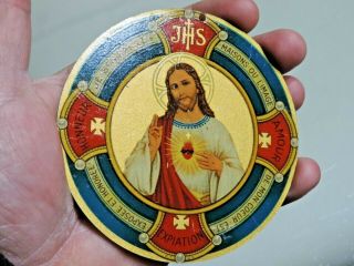 Old Metal Plaque Jesus Sacred Heart Protection In French 4  Wall Hang Sign