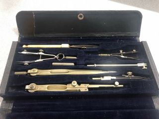Vintage Technical Drawing Compass Instrument Set In Black Case Approx Early 1900