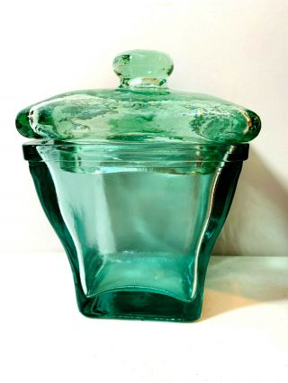 Vintage Aqua Green Hand Blown Glass Jar With Matching Glass Lid