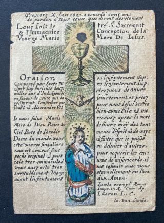 Engraving Antique 18th Century Holy Card Cross Mary Sign Jo Van Sande