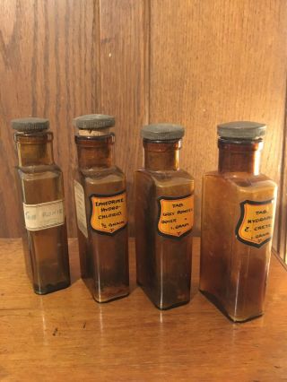 Set Of Four Vintage Amber Brown Glass Apothecary Pharmacy Medicine Bottles