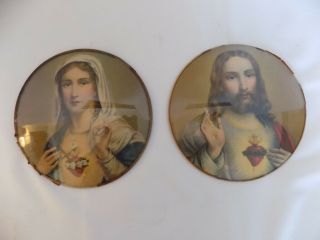 Antique Wall Decor Religious Catholic Sacred Heart Of Jesus Mary Convex Glass