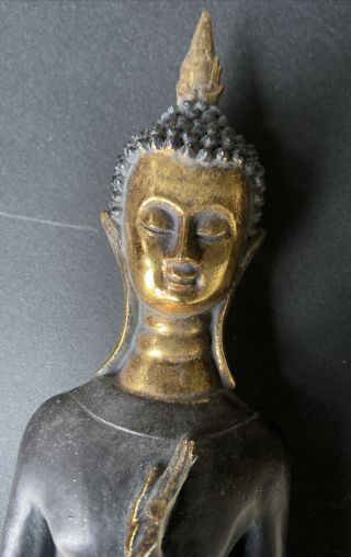 Tall Wooden Statue Of Buddha On Stand Face Hands Gold Tone Ceramic 2