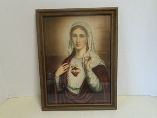 Antique Religious Picture Frame Sacred Heart Of Mary